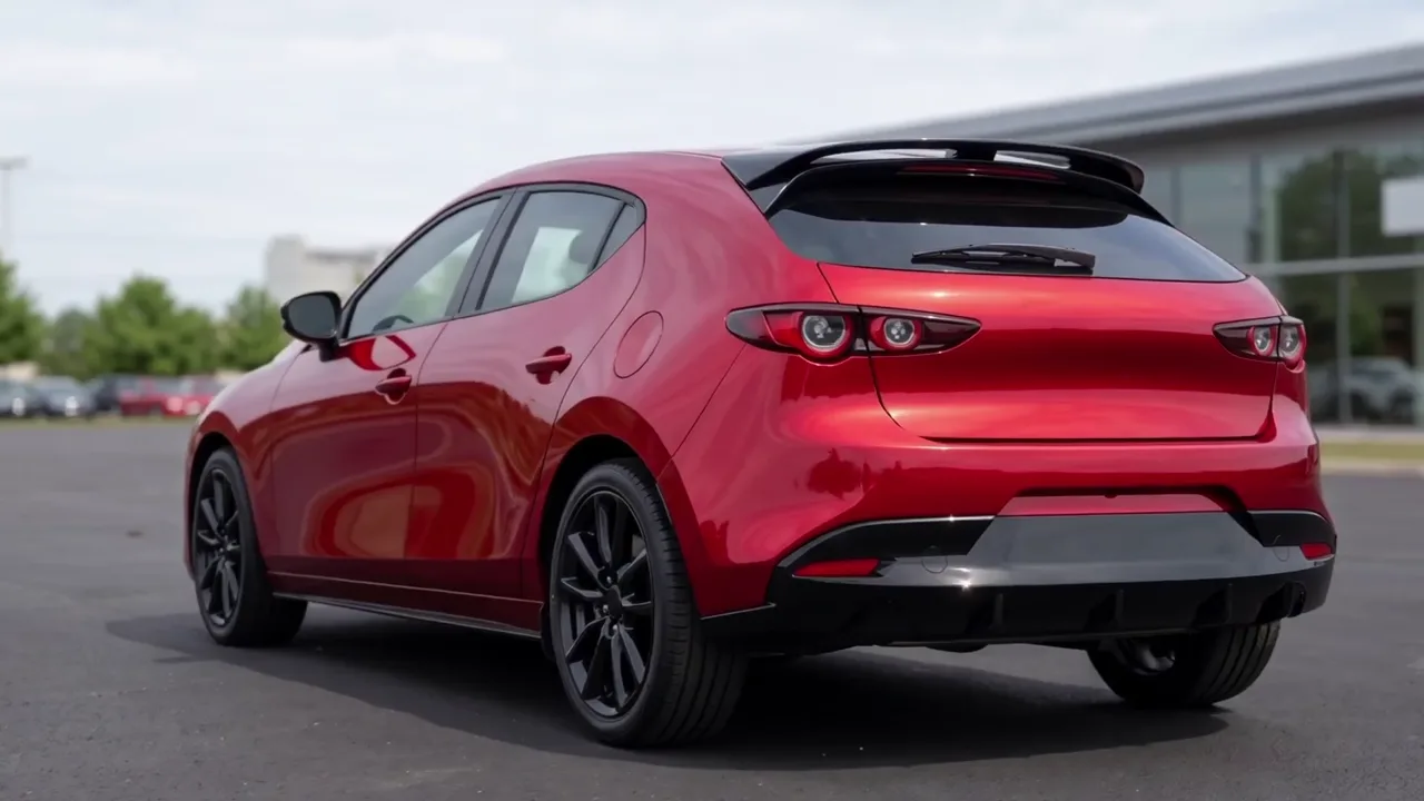 Pull-out revealing a hatchback on the lot