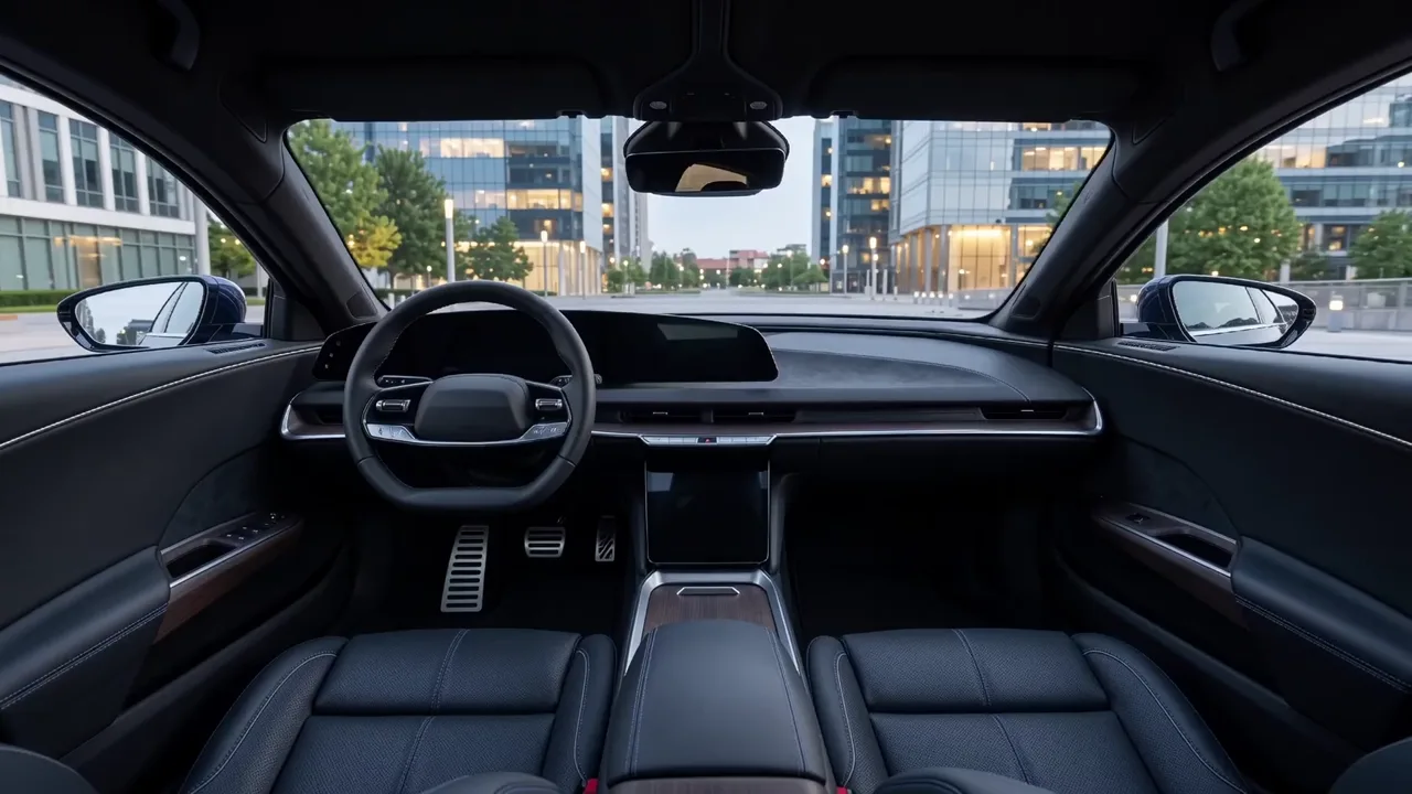 Push-in on a car's dashboard and cabin